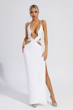 Fernanda White Diamond Backless Bandage Dress Luxury White Backless Summer Dress, Chic White Backless Maxi Dress, White Party Maxi Dress With Cutout, White Backless Evening Dress With Cutout Back, White Evening Maxi Dress With Cutout, White Bandage Dress, Glitter Wedding Dress, Bandage Midi Dress, Floral Shirt Dress