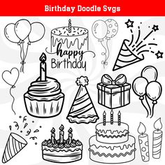 birthday doodle svg set with balloons, cake and gifts for children to color