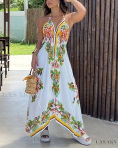 Lasaky - Asymmetrical Backless Dress with Exquisite Tropical Coconut Tree Print Polka Dot Summer Dresses, Tropical Print Maxi Dress, 2024 Spring Summer, Tiered Ruffle Skirt, Maxi Dress Sale, Feeling Confident, Women Halter, Backless Design, Coconut Tree