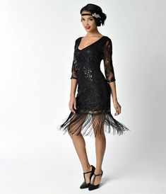 Unique Vintage 1920s Black Beaded & Sequin Sleeved Fringe Cocktail Dress - Unique Vintage - Womens, FLAPPER, SLEEVED BEADED 1920s Outfit Ideas, Great Gatsby Outfits, 1920s Outfit, Black Flapper Dress, Beaded Flapper Dress, 20s Dresses, Great Gatsby Dresses, Fringe Flapper Dress, Gatsby Dress