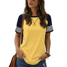 TEMOFON Womens Tops Fashion Trendy Cute Summer Casual Top Short Sleeve Striped Color Block Crew Neck Flowy Tunic T Shirts Yellow Shirts for Women Women yellow shirts fashionable stripe design and a variety of colors allow you to match clothes at will. Ladies tops adapt to various occasions and moods. Product Details: Size: S, M, L, XL, 2XL Material: Rayon/Polyester/Spandex. Style: Casual & Cute, Loose & Breathable, Soft & Comfortable Season: Spring tops for women 2024 trendy, Summer blouses for Women Summer Casual, Striped Tunic, Striped Short Sleeve Shirt, Short Sleeve Shirt Women, Casual Tunics, Casual Summer Tops, Casual Summer Shorts, Womens Tops Summer, Simple Shirts