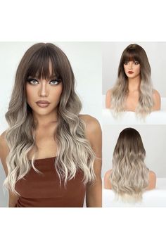 24&#39;&#39;Long Body Wave Wig with Bangs Ombre Ash Brown Blonde Synthetic Wigs for Women for Daily Cosplay Use Women Wigs, Wave Wig, Ash Brown, Body Wave Wig, Wigs With Bangs