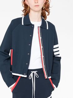 Thom Browne 4-Bar Stripe milano-stitch Jacket - Farfetch Long Sleeve Varsity Jacket With Contrast Trim, Thom Browne Uniform, Thom Browne Suit, Stitch Jacket, Thom Browne Menswear, Thom Browne Cardigan, Tv Fashion, Yoko London, City Dress