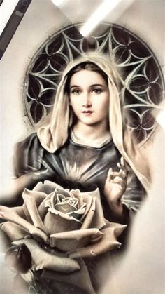 an image of the virgin mary holding a rose