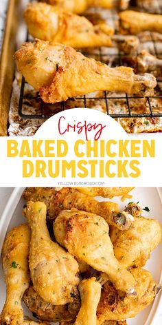 crispy baked chicken drumsticks on a white plate with text overlay that reads crispy baked chicken drumsticks