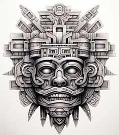 a drawing of a mask with many different things on it's face and head