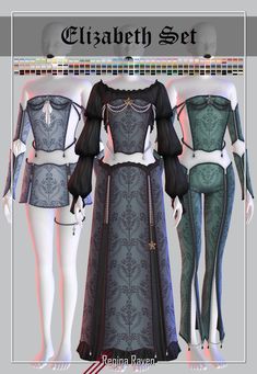 three women's dresses with long sleeves and high waist, all in different colors