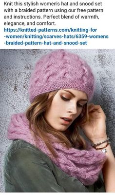 a woman wearing a pink knitted hat and scarf with her hands on her head