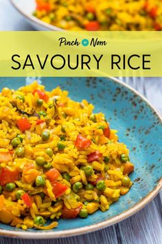 two bowls filled with rice and peas on top of a wooden table in front of the words savoury rice