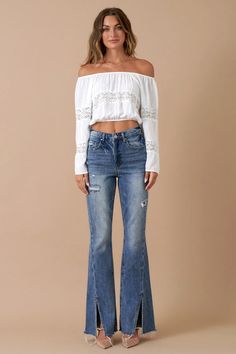 HIGH RISE SLIT FLARE100% COTTONModel is wearing size 3/25, Height 5'8Waist - 27 1/2Hip - 37Front Rise - 11Leg Opening - 22Inseam - 32 Style: Casual Print / Pattern: Medium Wash Denim Silhouette: Slit Flare Fit: High Rise, Regular Embellishment: Forwarded Side Seam Neck Line: N/A Sleeve: N/A Length: Long Closure: Button Closure Lining: No Fabric Contents: 100% Cotton Non-stretch fabric Non-sheer fabric Care Instructions: Machine Wash Cold Curvy Shorts, Curvy Swimwear, Flare Denim Jeans, Swimwear Dress, Denim Flares, Sheer Fabrics, Print Pattern, Feel Confident, Denim Fashion