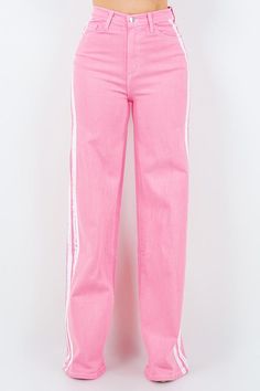 Step up your denim game with our Striped Wide Leg Jean in Pink! These stylish pants feature a high rise fit, front and back pockets, and a front button and zipper closure. But the real standout? The unique hand-painted vintage stripes on the sides, made right here in the USA. Plus, made with soft stretch premium fabrics for comfort with every wear. Style: high rise Silhouette: wide leg Embellishment: side stripe Length: full length Closure: zipper, button Made In: USAFabric Contents: 98% Cotton, Spring Streetwear High-waisted Jeans, Casual Striped Straight Leg Jeans, Spring High-waisted Streetwear Jeans, Casual Striped Cotton Jeans, Casual Striped Denim Pants, Pink Relaxed Fit Denim Pants, Pink Denim Jeans For Streetwear, Striped Straight Leg Pants For Streetwear, Trendy Striped Pants For Streetwear