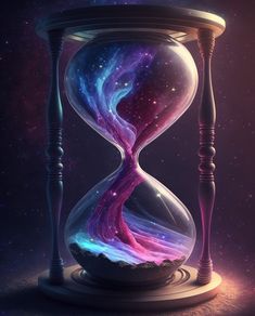 an hourglass with purple and blue swirls in the sand on a dark background