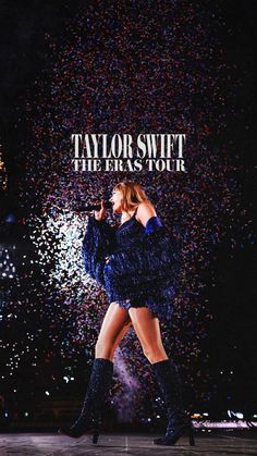 taylor swift performing on stage with confetti in the air and text taylor swift the easy tour