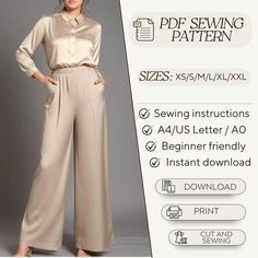 the sewing pattern is available for all types of jumpsuits, pants and skirts