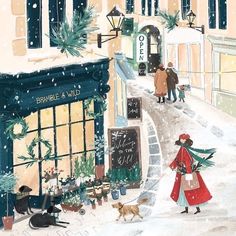 a painting of people walking down a snowy street in front of a store with christmas decorations on the windows