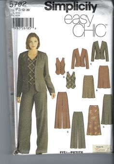 a woman's suit and pants sewing pattern with the words simplily easy chic