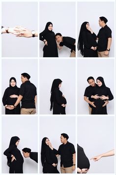 multiple images of people in black clothing posing for the camera with their arms around each other