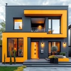 a modern house with yellow and gray exterior