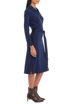 Set-in sleeves and a flattering belted waistline add curve-hugging style to this collared midi dress from Wonderly. | Wonderly Women's Petite Belted Midi Dress, Blue, PS Midi Dress Blue, Belted Midi Dress, Dress Blue, Midi Dress, Blue