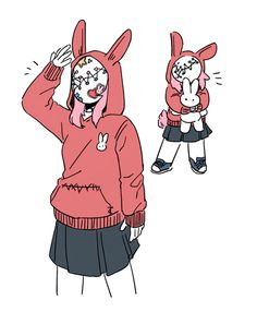 a drawing of a person wearing bunny ears and a pink sweater with an animal on it