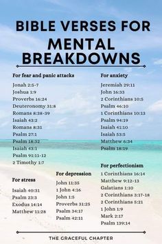 the bible verses for mental breakdowns are shown on a beach with blue water