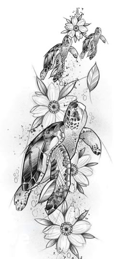 a turtle and flowers tattoo design