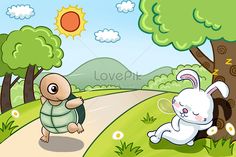 an image of a cartoon bunny and rabbit on the road with trees in the background