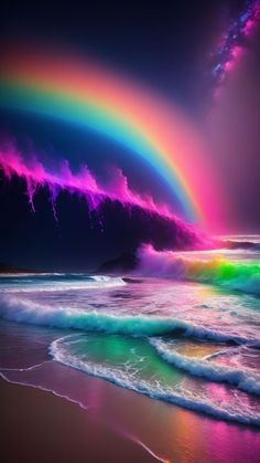 a rainbow colored sky over the ocean with waves