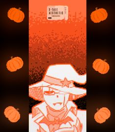 an image of a man wearing a cowboy hat with pumpkins around him on a black and orange background