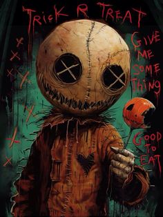 a painting of a creepy looking person holding a pumpkin