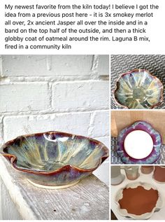 an article about pottery being displayed in front of a white brick wall and photos of bowls