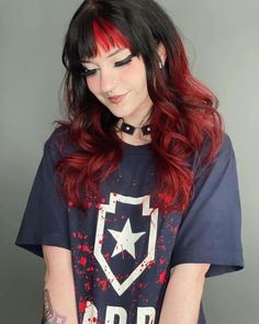 Black Hair Red Fringe, Black And Red Shag Hair, Red And White Hair Color, Red Hair Black Roots, Dyed Bangs Red, Red And Black Split Dye, Gothic Red Hair, Black Hair With Red Underneath, Red Roots Black Hair