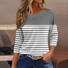 Our store contains many clothing types, rich styles, basic tops, long sleeves, jumpers, sweatshirts, coats, cardigans, sweaters, vests, etc. Welcome to PRORMOOW! Product Description: Gender: Female Season: Spring; Summer Material: 95% Polyester,5% Spandex Color: Gray Size: L Sleeve: Short Sleeve Collar Type: Crew Neck Pattern Style: Stripe Thickness: Standard Style: Fashion, Casual Occasion: Daily Wear; Going out; Work; Holiday; Dating; Shopping; Office; Travel What you get: 1 x Women Tops Size Boat Neck Shirt, White Top Women, Office Travel, Tops Blouse, Striped T Shirt, Work Tops, Basic Tops, Work Shirts, Neck Pattern