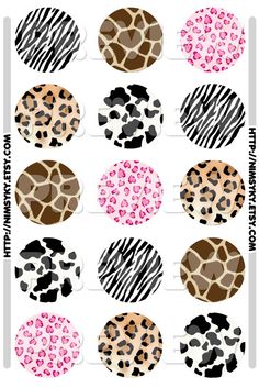 the different animal print patterns are shown in pink, brown and black colors on white paper