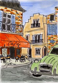 a drawing of an old car parked in front of a cafe