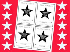 four movie tickets with white stars on red and white background, including one for the movie ticket