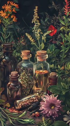 an oil painting of herbs and medicine bottles