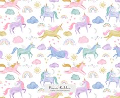 unicorns and clouds with rainbows in the sky on a white background for fabric or wallpaper