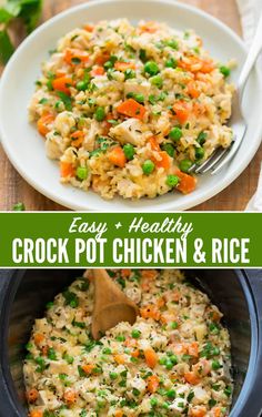 chicken and rice casserole in a crock pot with a wooden spoon on the side