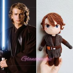 a crocheted star wars character is posed next to an amigurt doll