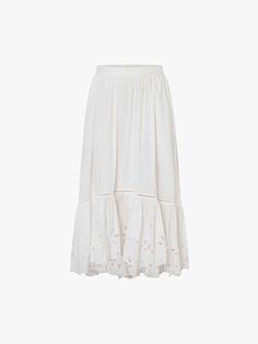 MO&Co. Women's Broderie Anglaise Cotton Skirt Made from lightweight and breathable cotton, it features a flowy silhouette that will keep you comfortable and stylish all day. The delicate broderie anglaise detailing on the bottom adds a touch of femininity and elegance, while the side invisible zipper and pocket design provide convenience and functionality. Pair it with a cute crop top and sandals for a chic beach look. Features : - Flowy maxi silhouette- Delicate broderie anglaise on the bottom- Elegant Broderie Anglaise Bottoms For Spring, Elegant White Broderie Anglaise Bottoms, Elegant White Bottoms With Broderie Anglaise, Spring Cotton Skirt With Broderie Anglaise, Chic Broderie Anglaise Skirt For Summer, Elegant Broderie Anglaise Summer Skirt, Chic Summer Skirt With Cutwork Hem, White Broderie Anglaise Cotton Skirt, Summer Broderie Anglaise Skirt For Daywear