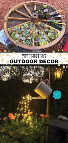 an outdoor decoration made out of wood and glass bottles is shown with the words, stunning outdoor decor