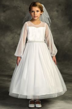 Lovely First Communion Dress With Sheer Long Sleeves Scalloped Chandelier, Girls First Communion Dresses, Communion Veils, Girls Communion Dresses, Holy Communion Dresses, Silver Cocktail Dress, 1st Communion, First Communion Dress, First Communion Dresses