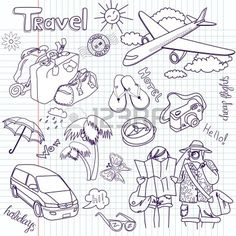 travel doodles are shown in this black and white drawing, with the words'travel '