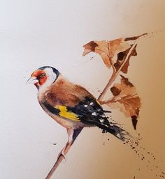 a painting of a bird sitting on top of a tree branch with leaves around it