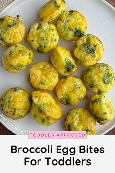 broccoli egg bites for toddlers on a white plate with text overlay