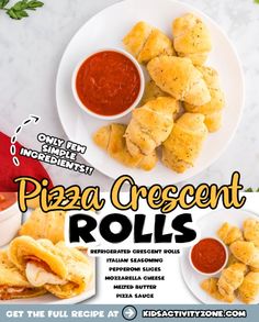 pizza crescent rolls on a white plate with dipping sauce and ketchup for dipping