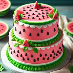 a watermelon cake is decorated with green leaves and slices of watermelon