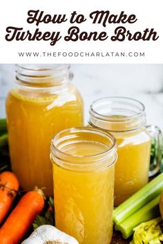 three jars filled with turkey bone broth next to carrots and celery