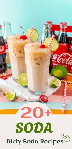 two glasses filled with soda and limeade sitting on top of a table